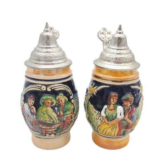 Pair of German Lidded Beer Steins Vintage‎ Lusterware Barmaid 6" Hand Painted - Picture 1 of 7